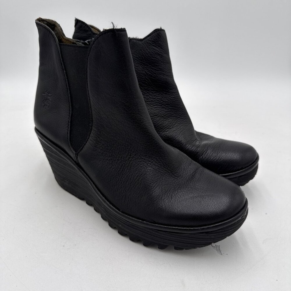 Fly London Ladies Woss Ankle Boots Black Leather UK 7 EU 40 Wedge Heel Y2K
